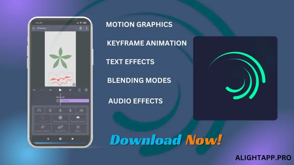 Alight Motion Pro Apk logo and detail of features