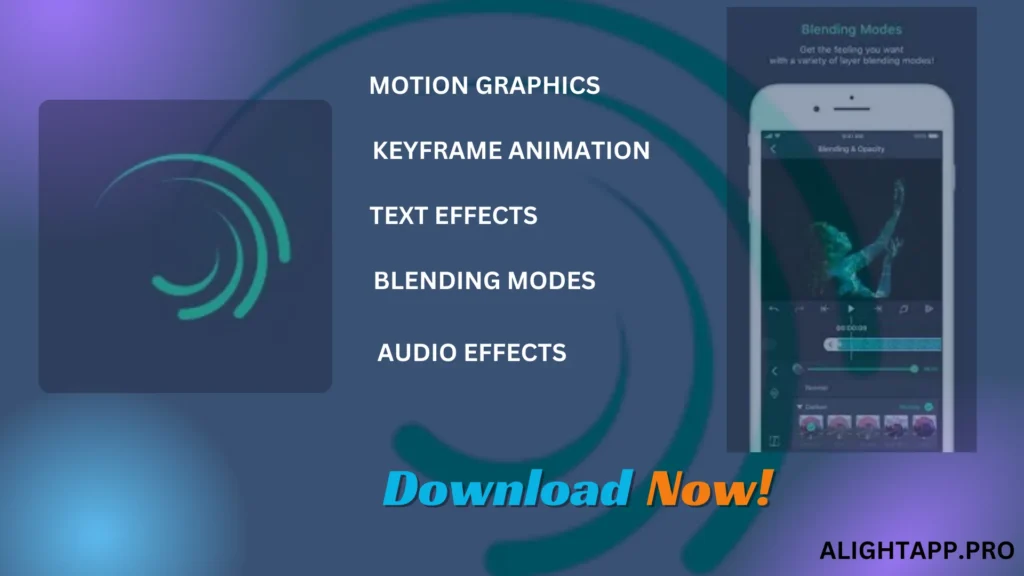 Alight Motion for ios post with logo and features details